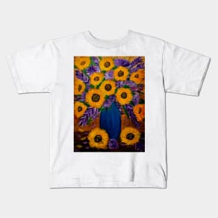 Sunflowers and mixed purple and pink flowers.  I'm a metallic blue gold and bronze and turquoise vase. Kids T-Shirt